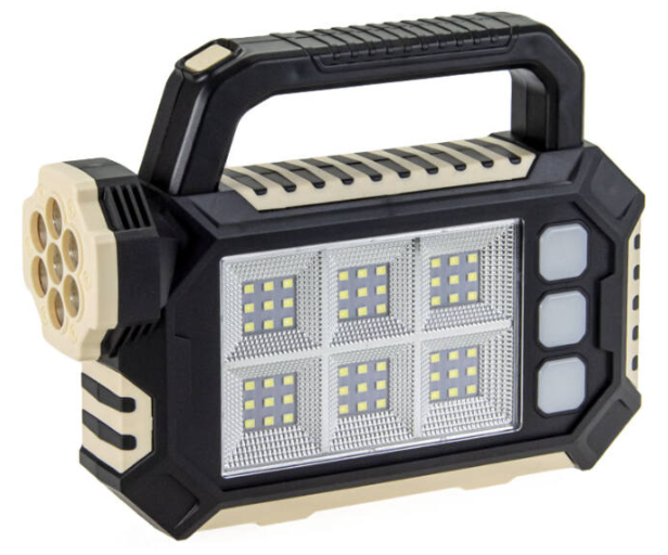 Lanterna solara HS-8029-7-A multifunctionala cu 3 surse de lumină: 7 LED-uri SMD în față, 54 LED-uri SMS pe lateral, 3 mini panouri LED-uri pe lateral
